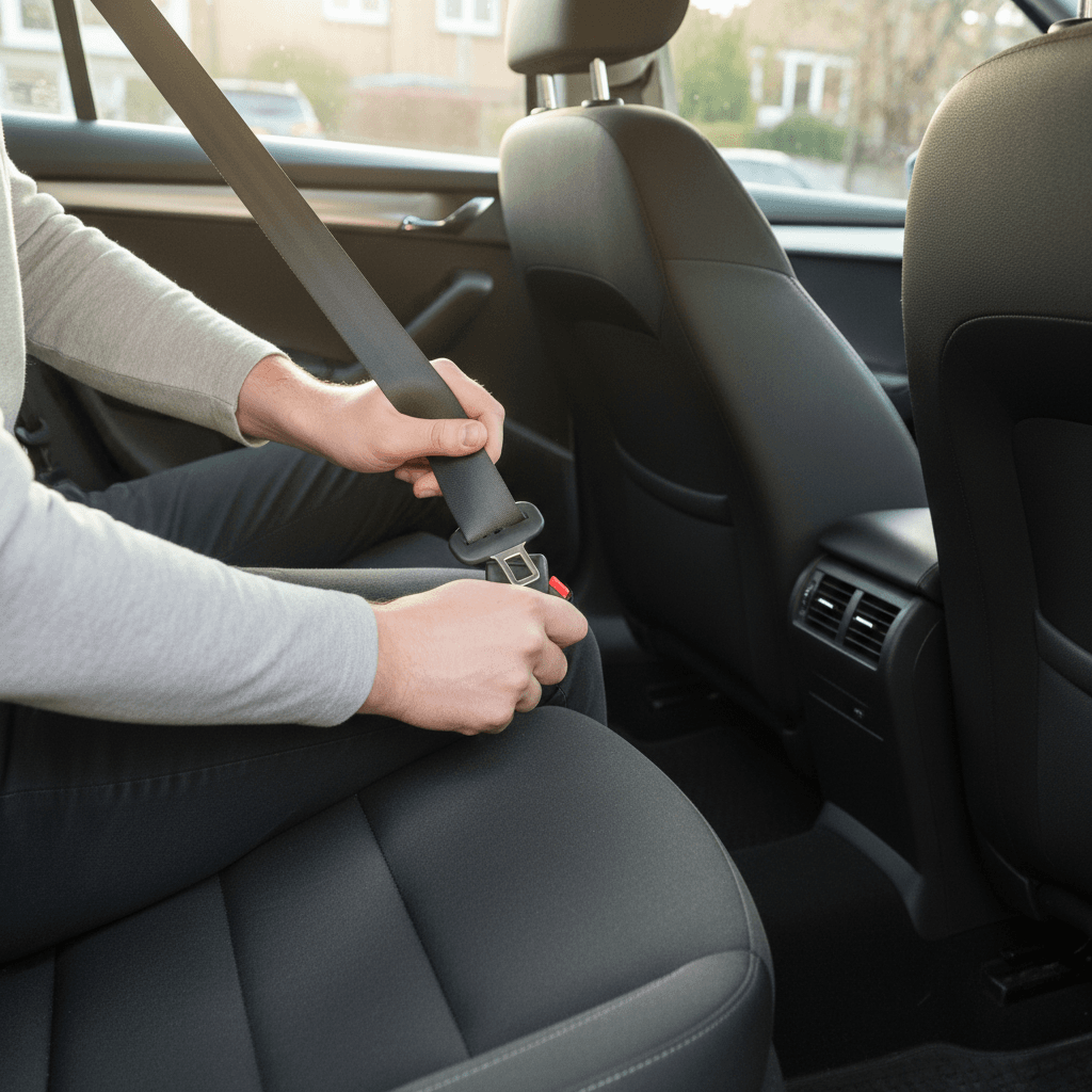 Passenger securing seatbelt for safe travel