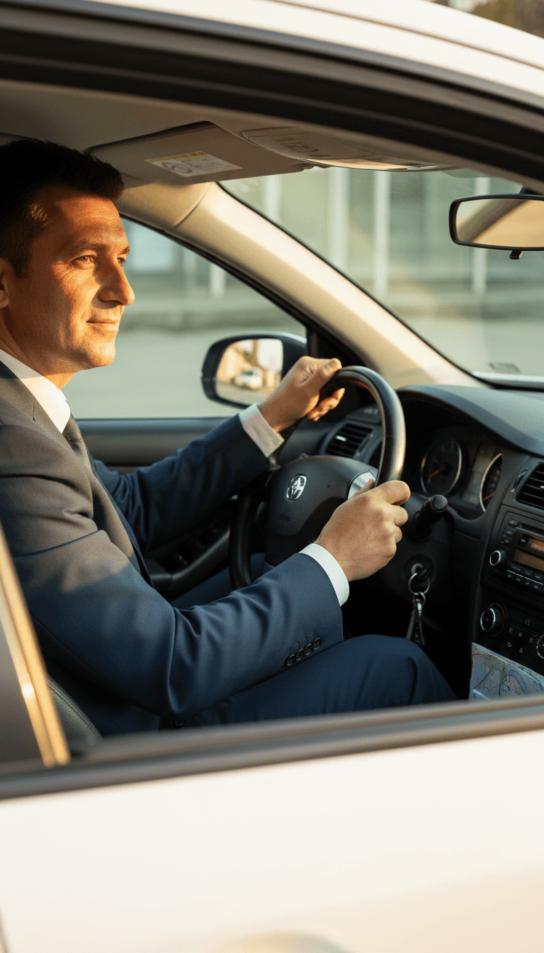 Professional taxi driver in vehicle, focused and ready