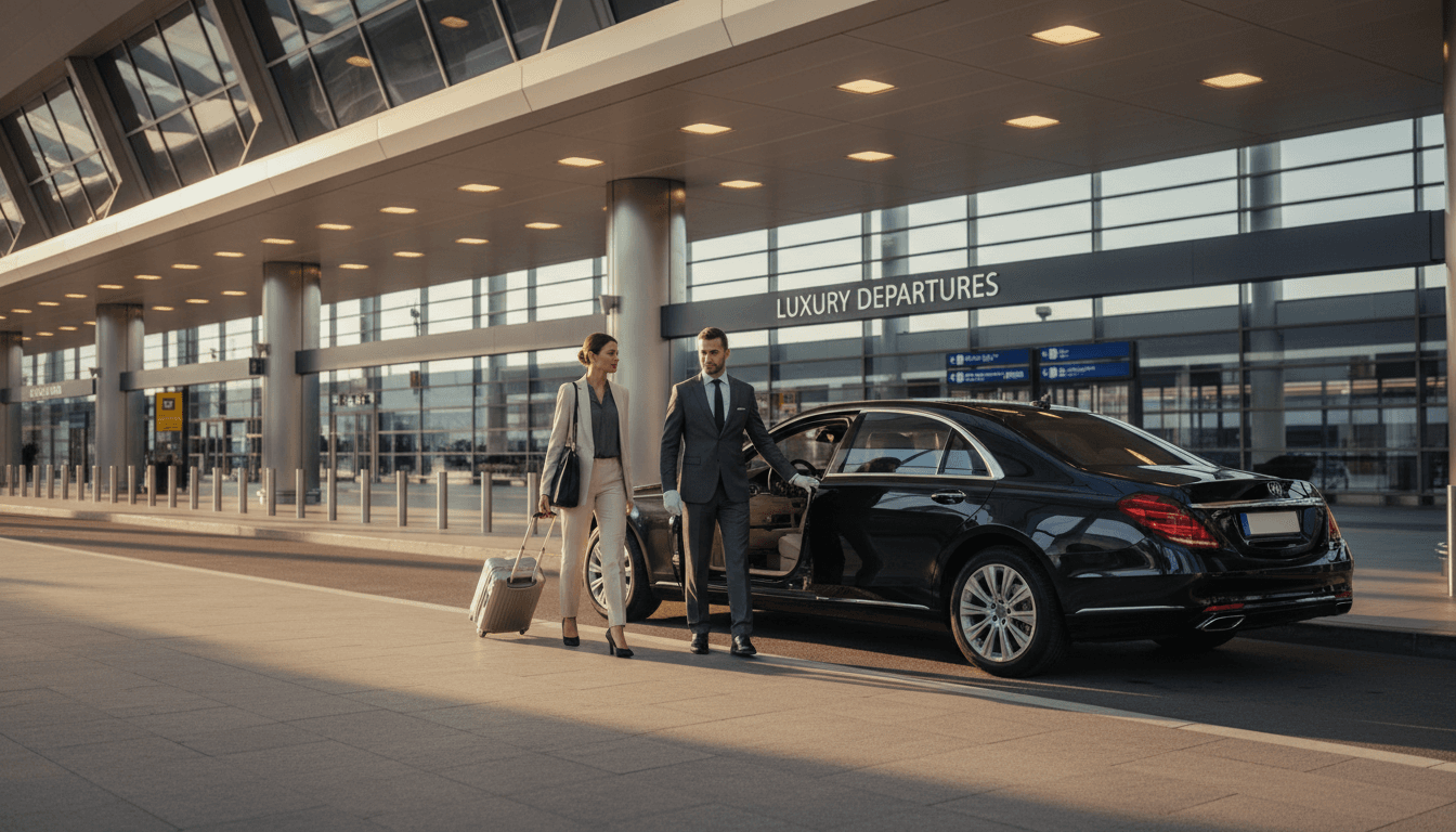 White Skoda Octavia at airport terminal with professional driver
